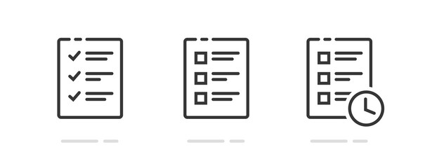 Checklist document line stroke simple icon graphic set, thin outline linear check list test exam paper form with clock time, quiz report note survey sign symbol, to do deadline pictogram logo clip art