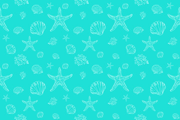 Vector seamless pattern with seashells, starfish and coral.
