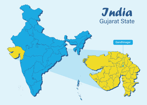 Map showing India with Gujarat highlighted, including all districts and capital city, Gandhinagar. Gujarat political and geographical map. Gujarat District vector map illustration.