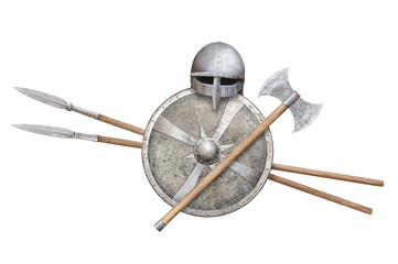 helmet shield axe and two spears isolated on white