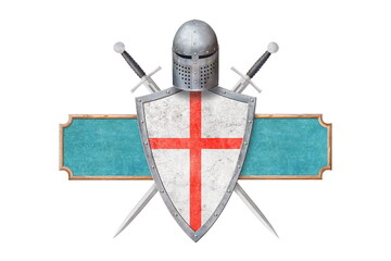 knight's helmet shield and two swords isolated on white