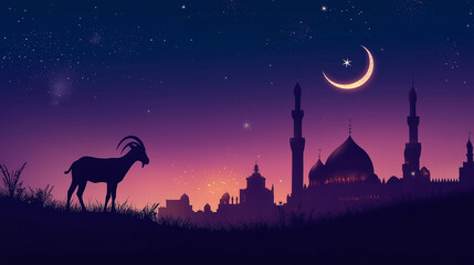 Silhouette of a crescent moon and a goat against a colorful sky at sunset, with the silhouette of a mosque, a Ramadan concept background. Silhouettes for Ramadan or the Muslim holy month