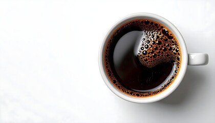 Top view of a steaming cup of black coffee on white background, realistic style, high detail, isolated, soft shadows