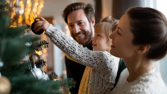A lovely family gathers around to decorate a Christmas tree, capturing laughter and joy during the festive season, creating cherished holiday memories together.