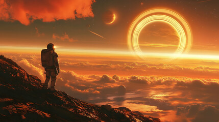 A lone astronaut gazes at a planetary ring system.
