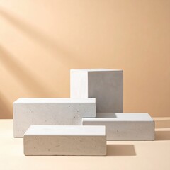A trio of rugged concrete blocks arranged on a wooden table, showcasing their textured surfaces and varying shades of gray, with soft natural light illuminating them.