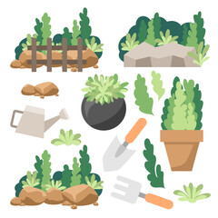 set of gardening elements, flat cute fresh plant vector, illustration design. 