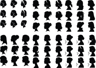 Woman Head Profile Silhouette Set | Female Face Outline Icons Elegant Woman Profile Silhouettes | Side View Head Vectors


