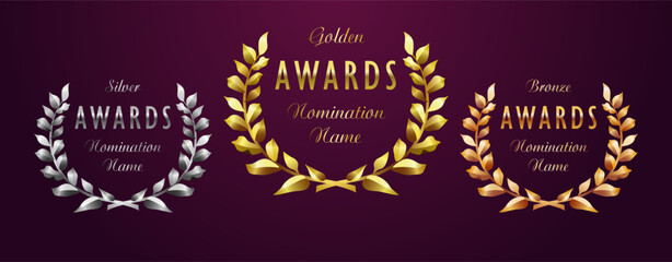 Set of bold vintage round branches, creative awards, rewards 3D wreath concept. Shiny gold, silver and bronze metallic gradients. Medal or badge elements. Sports or arts event design element. © koltukovs