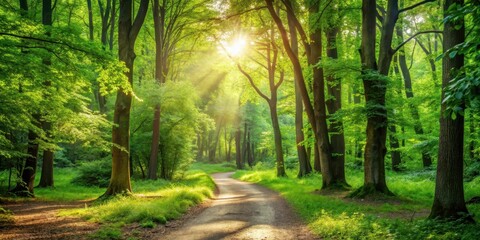 Obraz premium Serene forest trail with lush greenery and sunlight filtering through trees
