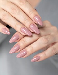 Naklejka premium A close-up of a woman's hands featuring long, almond-shaped nails painted in a sophisticated taupe glossy polish.