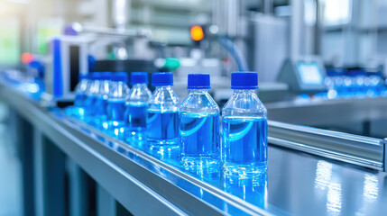 Fototapeta premium Bottled water on production line, showcasing advanced machinery and clean, efficient environment. vibrant blue liquid reflects modern technology