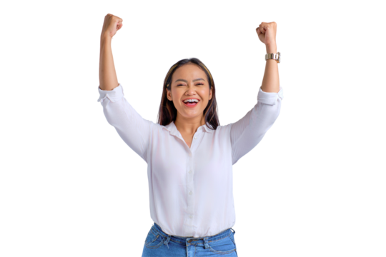 Excited young Asian woman celebrating victory or success with raised fists up isolated on transparent background - Powered by Adobe