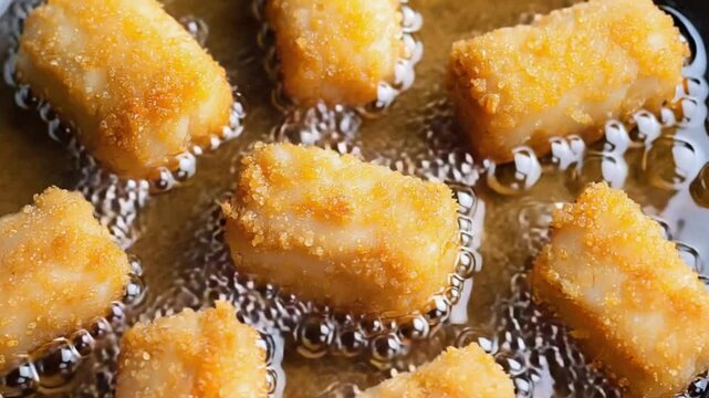 Closeup of fried chicken nuggets in the hot oil
