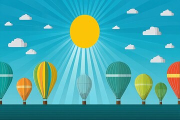 Colorful hot air balloons under a bright sun in a blue sky.