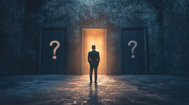 A businessman choosing between two doors, one marked with a question mark, dramatic lighting