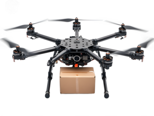 Delivery drone with package on transparent background, great for presenting solutions in retail, supply chain, and tech, professional photography.