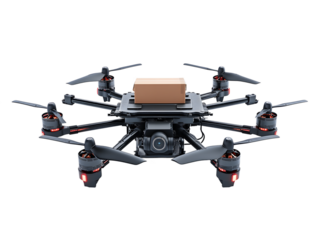 Isolated delivery drone with package, professional shot for depicting fast, contactless delivery services, sharp focus.