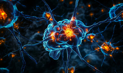 3D render of human brain with neurons glowing in blue, showcasing intricate neural connections and vibrant activity, evoking sense of wonder and exploration in neuroscience