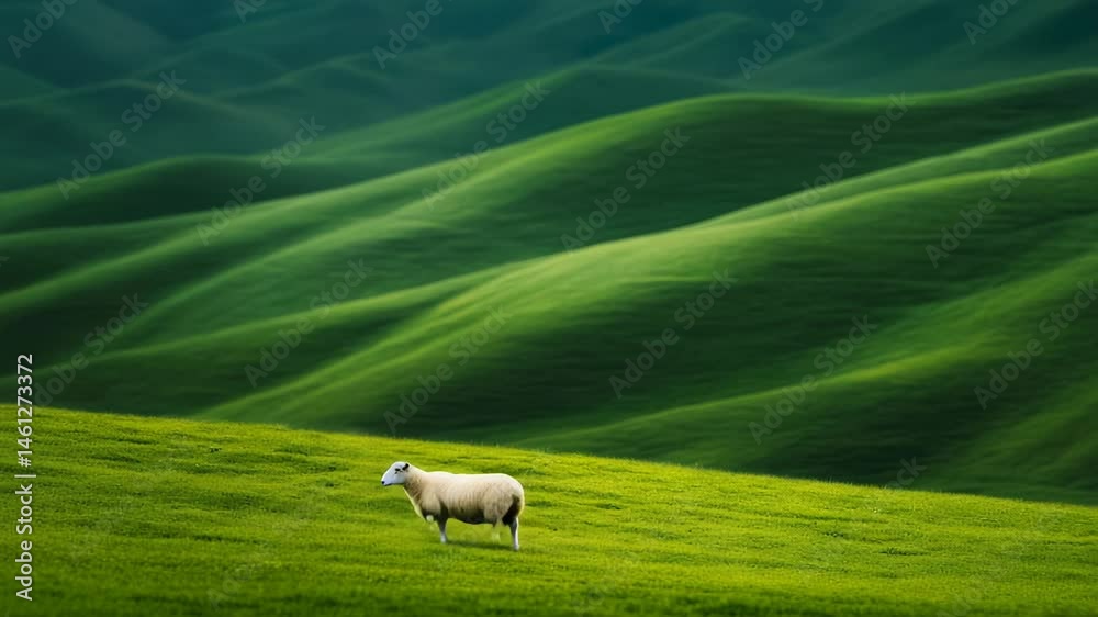 Aufkleber single sheep stands on a vibrant green hillside, with a backdrop of undulating hills creating a sere
