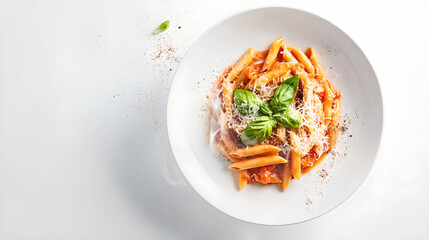 Delicious Penne Pasta with Tomato Sauce and Basil Garnish on White Plate