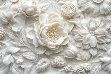 close up of intricate floral relief wall showcasing delicate white flowers, including peonies and roses, beautifully carved with detailed textures and patterns. artwork evokes sense of elegance