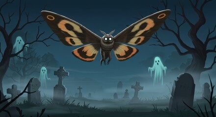 Fototapeta premium Mothman's Night Flight Over Spooky Graveyard