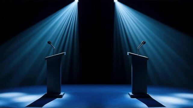 This image depicts two debate podiums illuminated by dramatic lighting, symbolizing public discourse and dialogue.