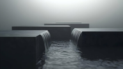 Abstract Geometric Dark Gray Cubes With Water And Fog