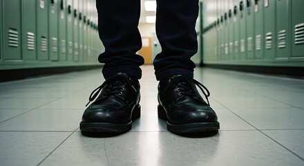 Black Shoes in School Hallway - Perspective View
