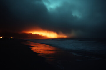 captivating scene of dramatic dark storm clouds at night, illuminated by fiery orange glow on horizon, reflecting on wet beach sand. atmosphere evokes sense of mystery and awe