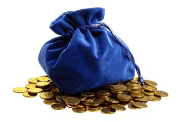 a deep blue bag lay down floor of golden coins isolated on white background PNG