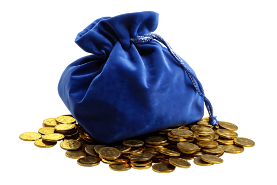 a deep blue bag lay down floor of golden coins isolated on white background PNG