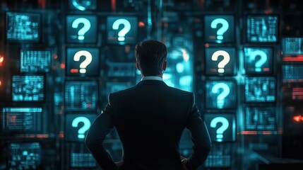 A business leader in a control room, surrounded by glowing question mark displays