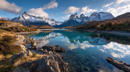 Obraz premium Glorious mountain peaks surround a calm, blue lake in Torres del Paine National Park. The scenery is illuminated by soft afternoon light, enhancing nature's beauty and tranquility