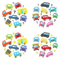 circle icon gallery of various car - color medium size version - question mark and star