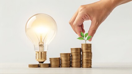 A hand plants a small seedling atop stacked coins, beside a glowing light bulb, symbolizing investment, growth, and innovation.