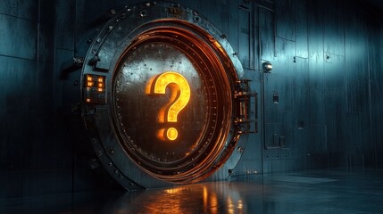A bank vault door slightly open, a glowing question mark visible inside