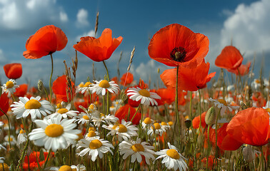 Obraz premium Field of red poppy and white daisy dances happily under brilliant summer sky, creating vibrant, stunning landscape that fills heart with joy