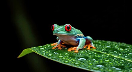 Naklejka premium a red-eyed tree frog perched on a glossy green leaf glistening with dew under moonlight-gigapixel-art-scale-_x