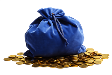 a deep blue bag lay down floor of golden coins isolated on white background PNG