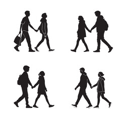 a couple walking hand in hand four silhouette vector illustration set, ready to be used for creative projects or design.