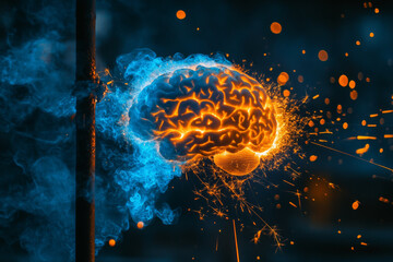 brain is depicted with vibrant colors, surrounded by sparks and smoke, symbolizing creativity and energy. image conveys powerful connection between thought and electricity, evoking sense