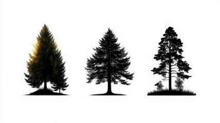 Obraz premium Three evergreen trees stand silhouetted against a bright white background in varying shapes and densities adding a touch of nature and shadow.
