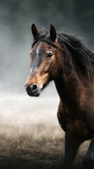 Obraz premium Majestic brown horse standing in a misty landscape during early morning hours near a pasture