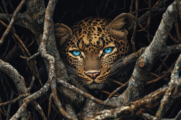 Fototapeta premium leopard with striking blue eyes camouflages itself among twisted branches, showcasing its beautiful fur pattern and intense gaze. scene evokes sense of mystery and intrigue