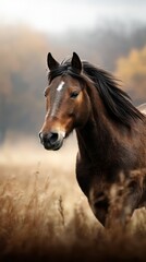 Fototapeta premium Majestic brown horse stands in a golden field during autumn afternoon with soft light
