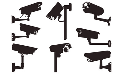 Vector Silhouette Set of CCTV Surveillance Cameras Wall and Pole Mounted Designs