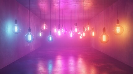 A neon-lit room with floating AI-controlled lightbulbs adjusting brightness autonomously