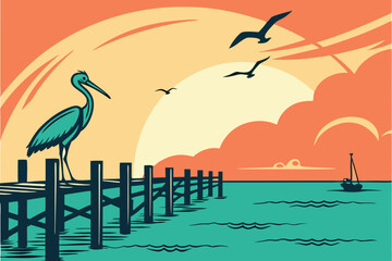 56 Sunset over calm ocean, silhouette of seagulls flying, large bird in foreground, wooden pier posts, vibrant orange and yellow sky, tranquil turquoise water, serene coastal scene, vector art style, 